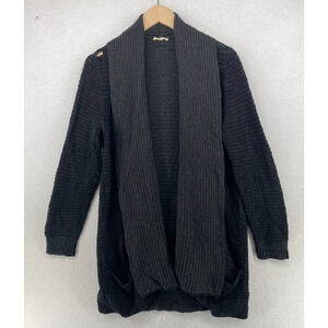 EILEEN FISHER Cardigan L Organic Cotton Thermal Stitch Shaw Open Front Black